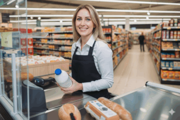 Illustratie van personeelsplanning in een retailwinkel waarbij de balans tussen service, bezetting en loonkosten centraal staat.